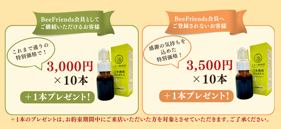 Bee Friends会員として継続いただけるお客様は3,000円×10本+1本プレゼント、ご登録されないお客様は3,500円×10本+1本プレゼントのご案内画像